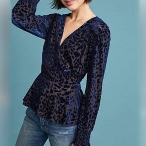 Anthropologie Eva Franco blue leopard print peplum blouse top